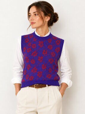 Vintage 70s Pendleton Floral Wool Sweater Vest M Purple Red‎ Preppy Country Golf